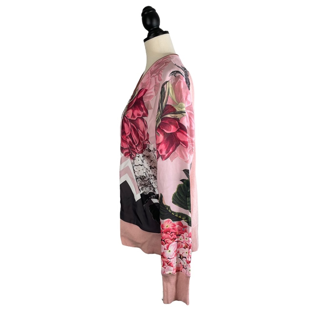 Ted Baker Bomber Jacket Pink Gray Mixed Floral Print Knit Back, Size 5 (US 12) - Picture 3 of 15